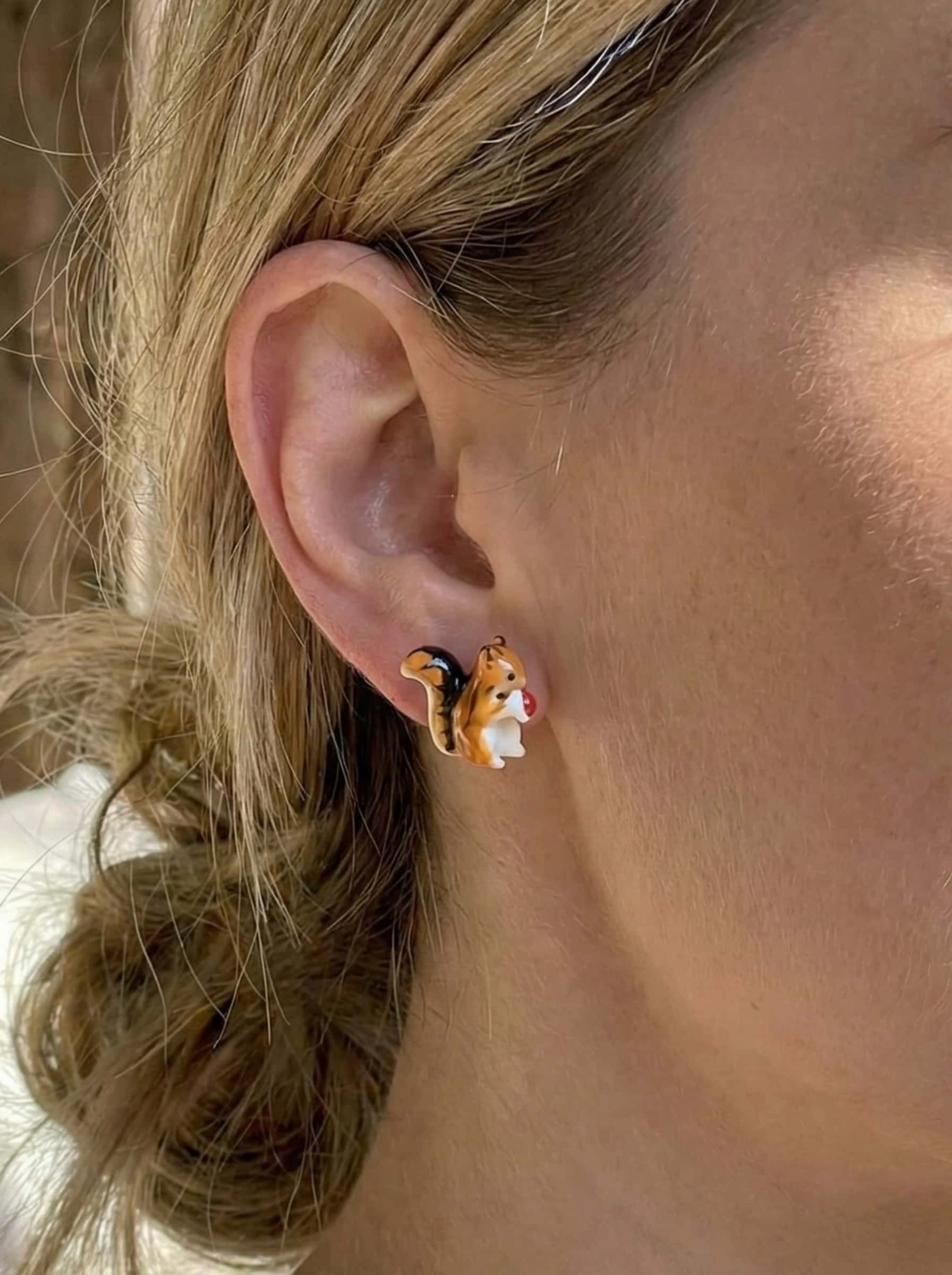 Whimsical Foraging Squirrel Hand-Painted Enamel Stud Earrings