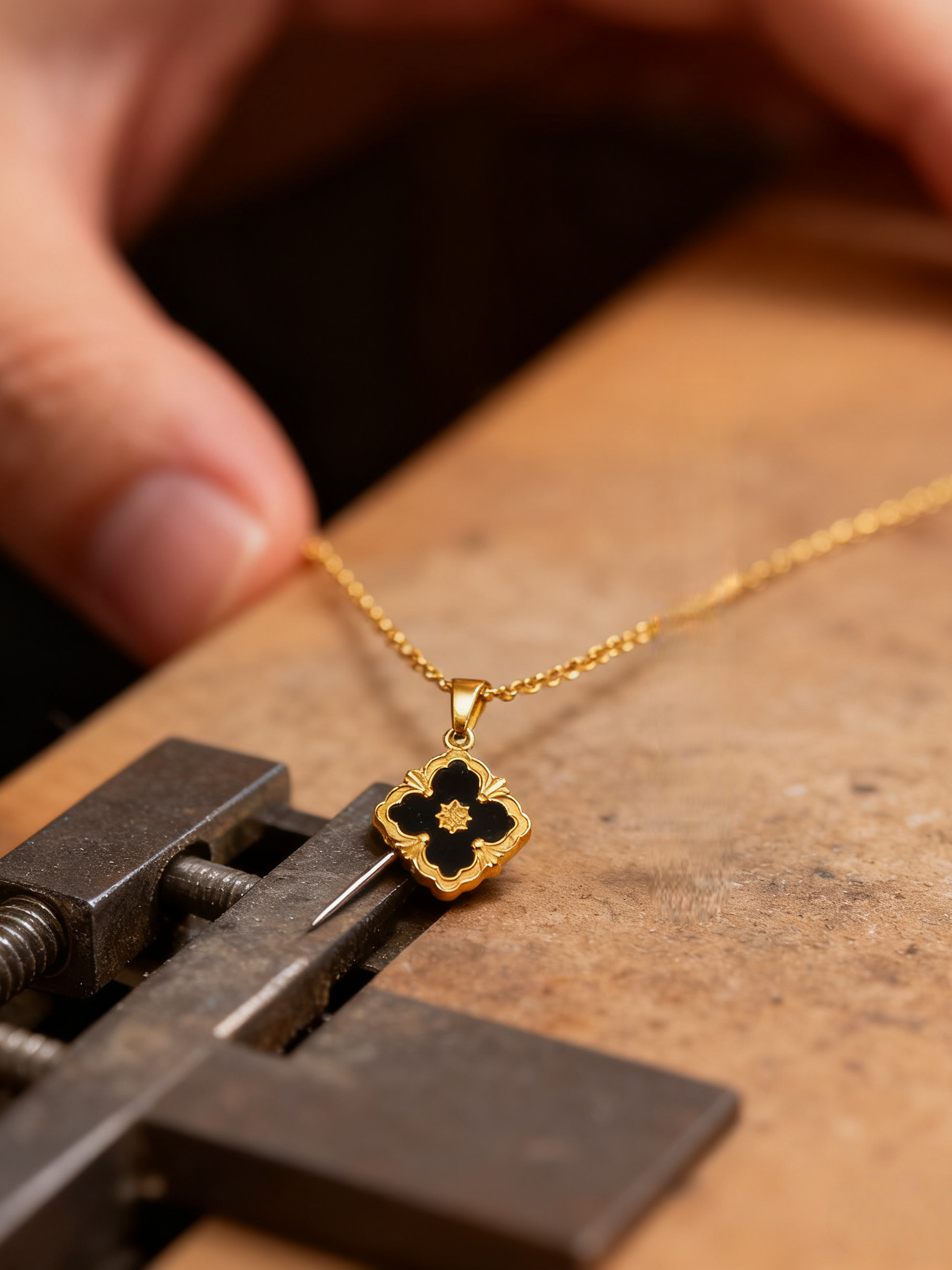 Gold and Black Four-Leaf Clover Necklace