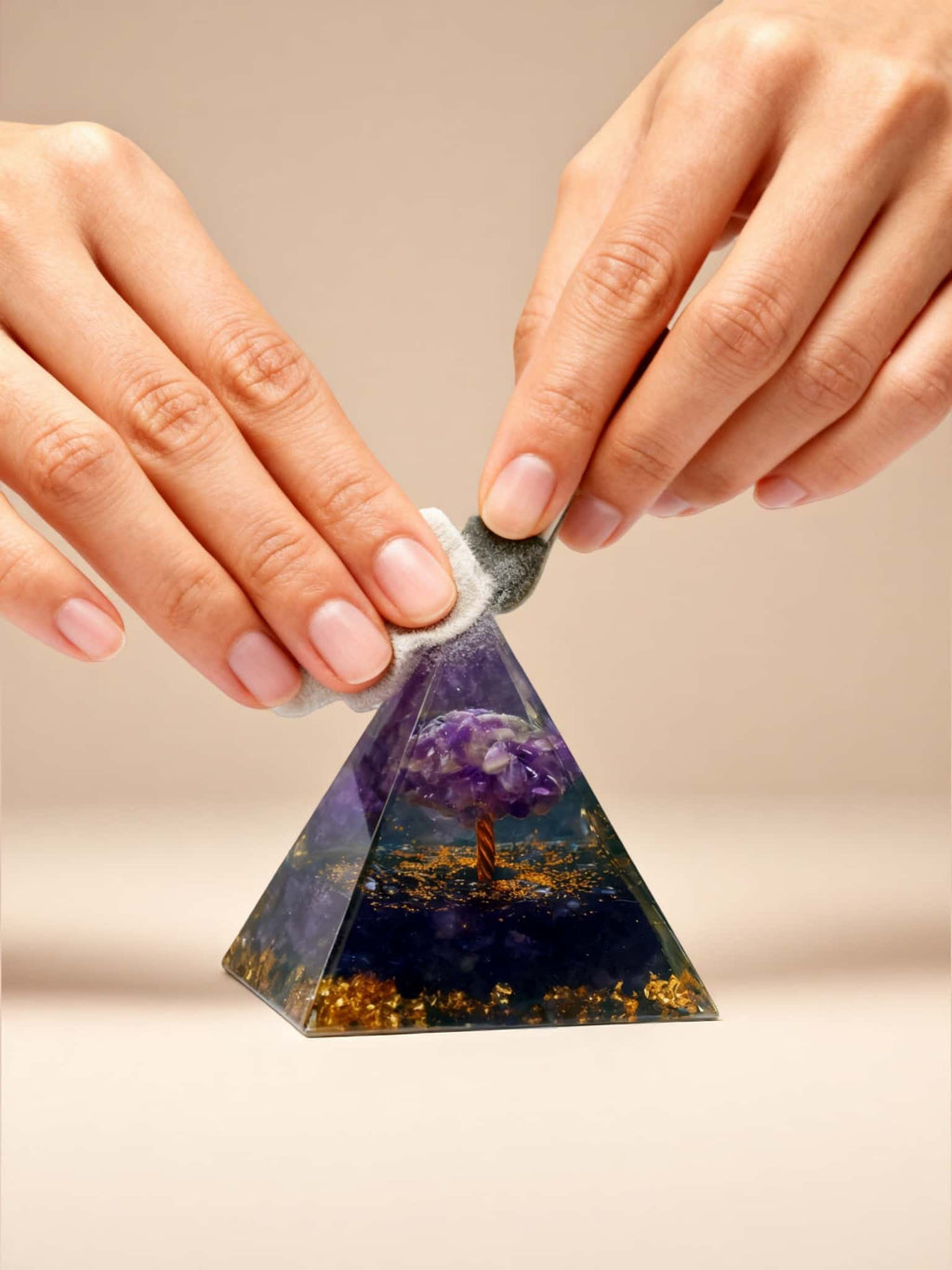 Resin Pyramid with Amethyst Crystal Tree