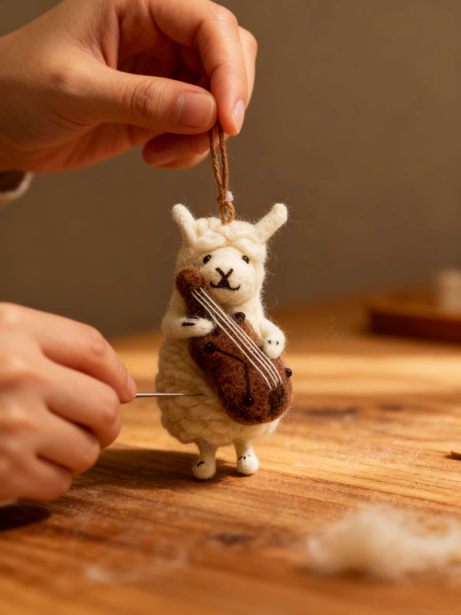 Artisanal Wool Felt Sheep Hugging Violin Charm