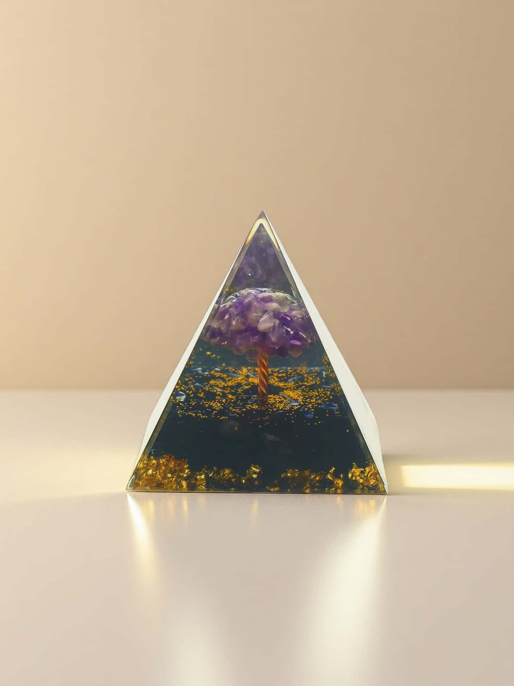 Resin Pyramid with Amethyst Crystal Tree