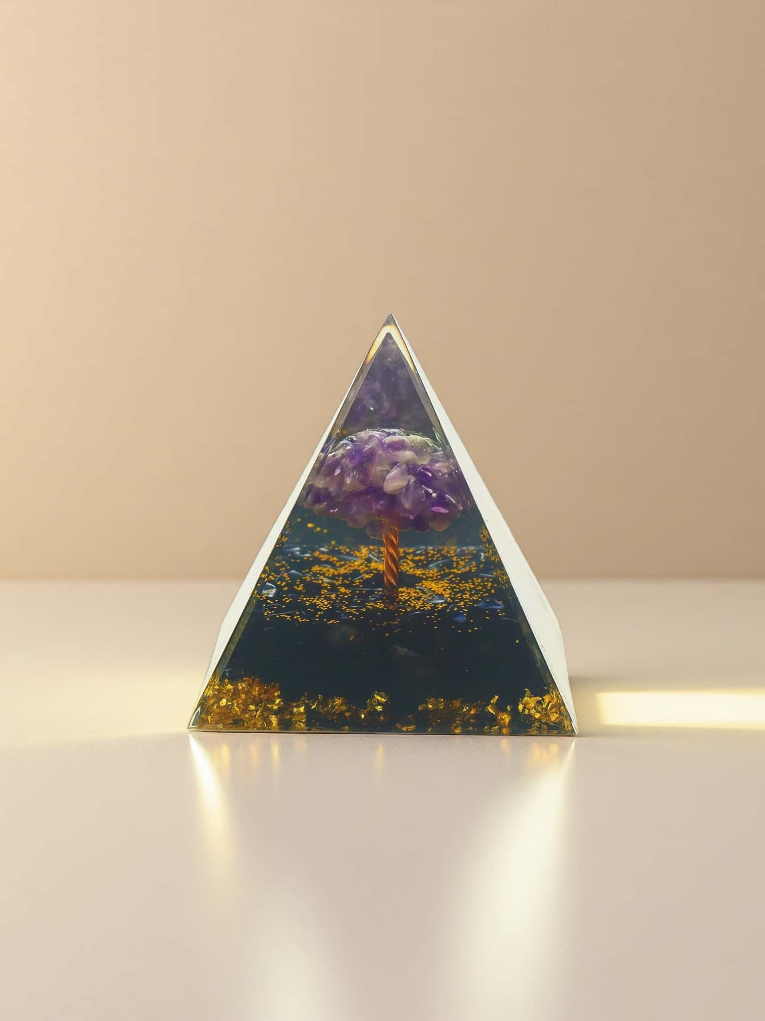 Resin Pyramid with Amethyst Crystal Tree