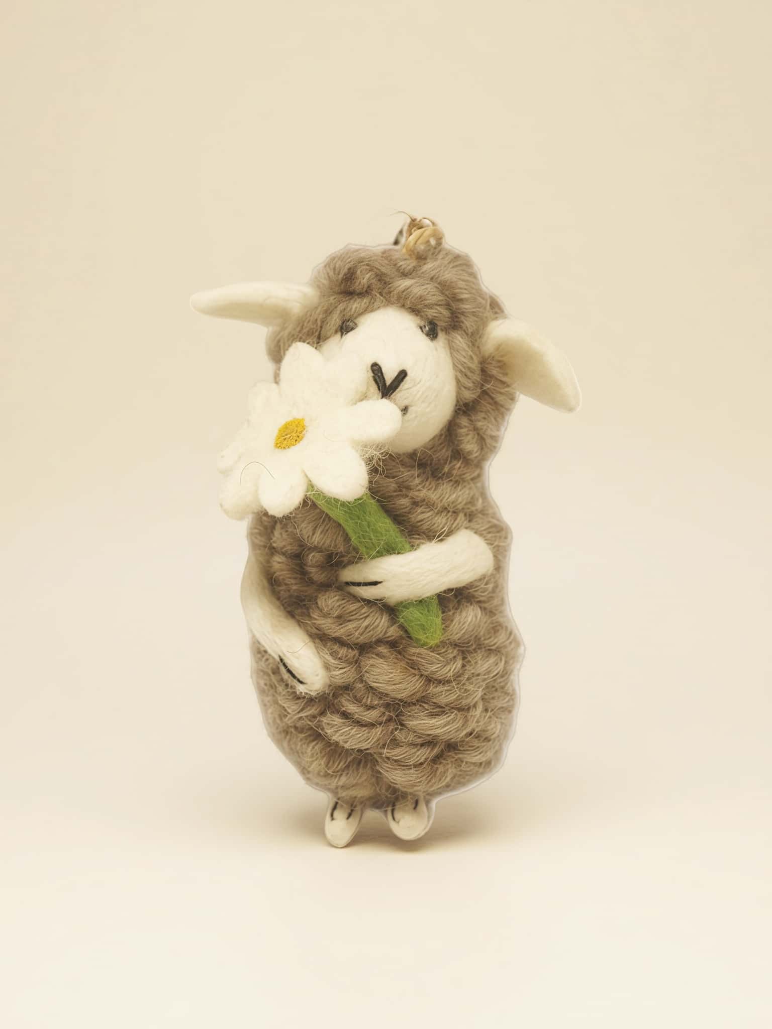 Artisanal Wool Felt Sheep Hugging Daisy Charm