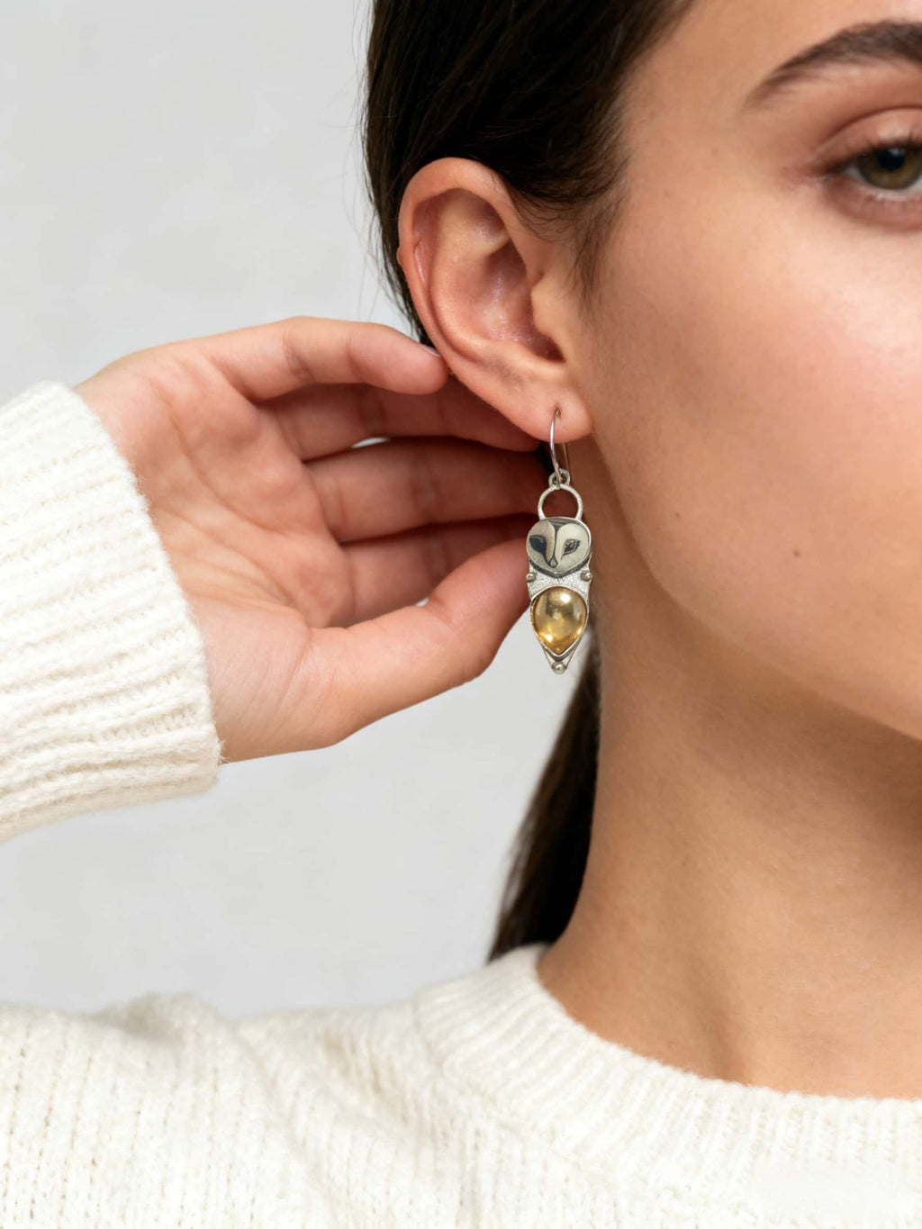 Mystic Barn Owl & Amber Teardrop Statement Earrings