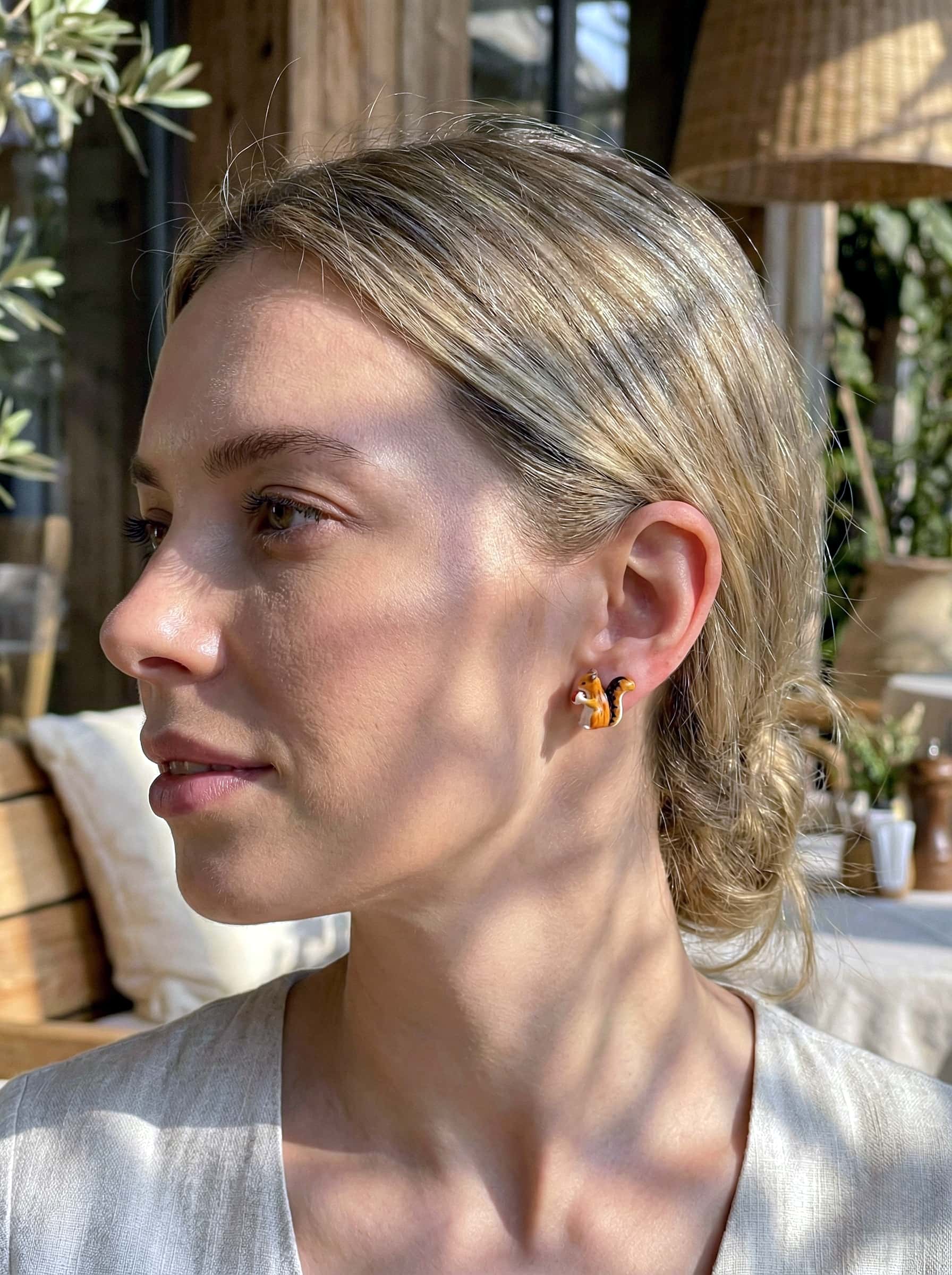 Whimsical Foraging Squirrel Hand-Painted Enamel Stud Earrings