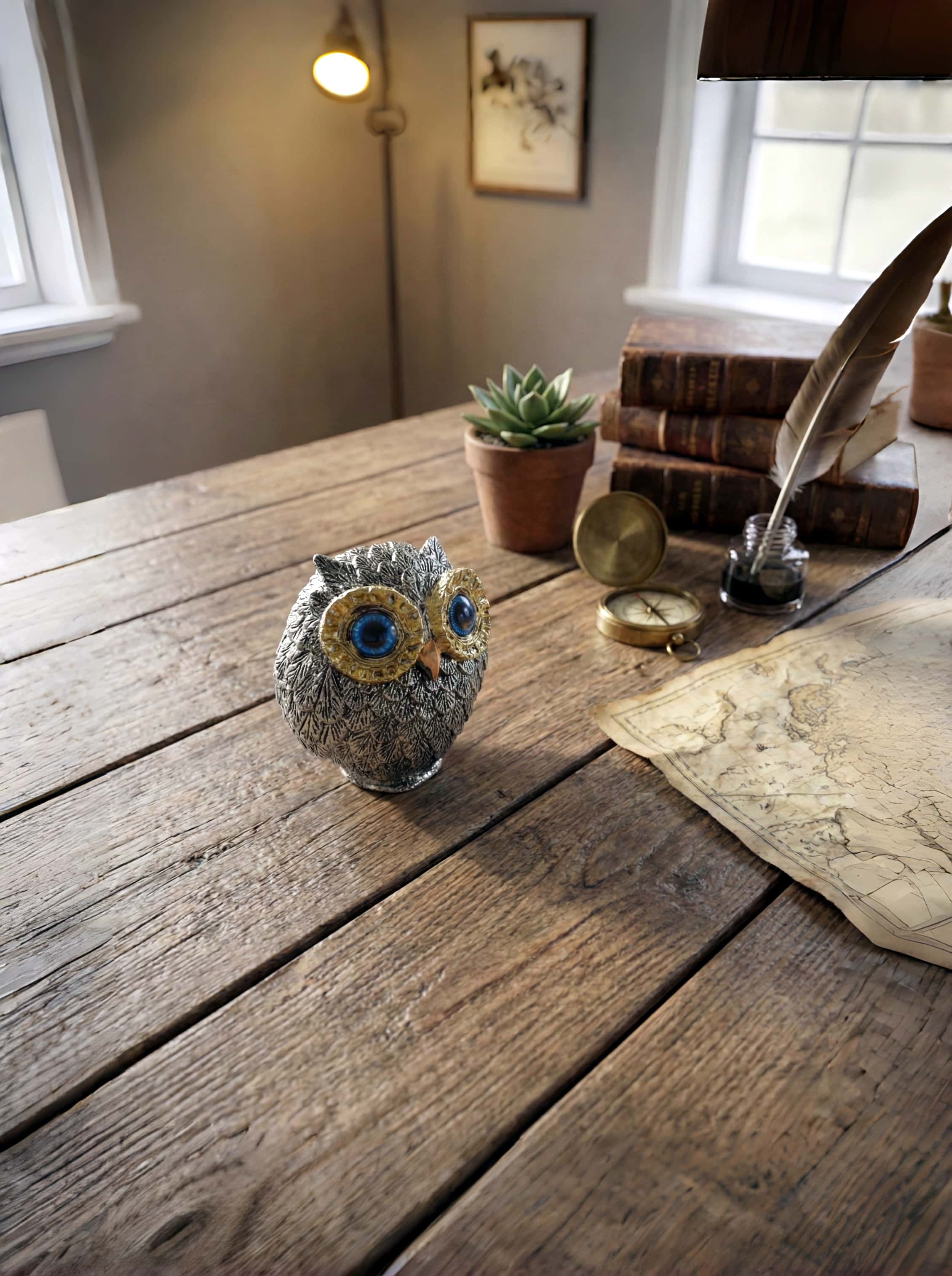 Alloy Owl Decor with Blue Eyes