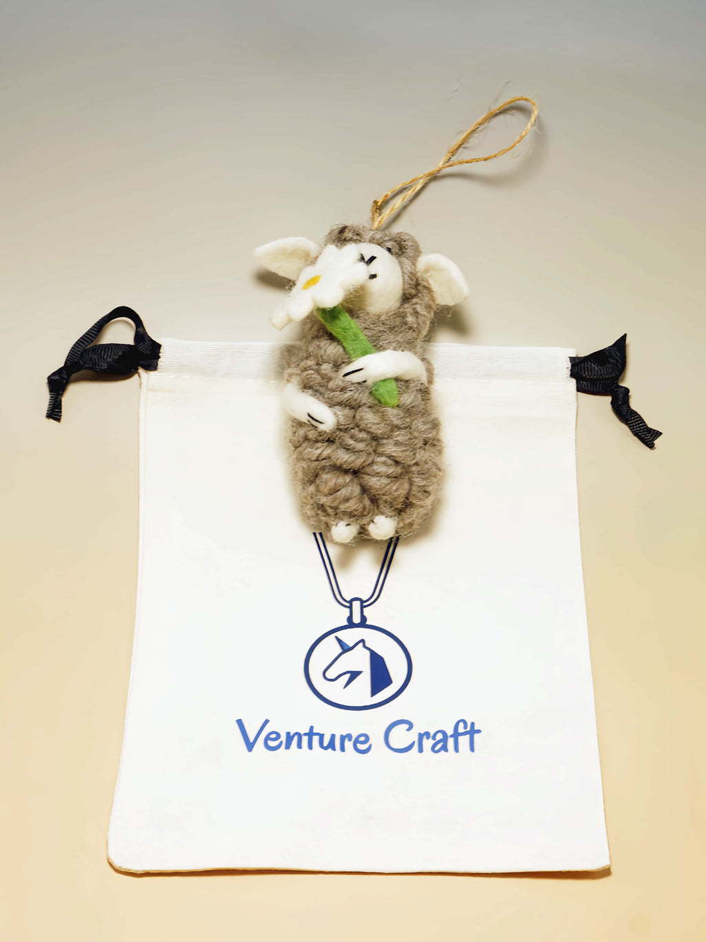 Artisanal Wool Felt Sheep Hugging Daisy Charm