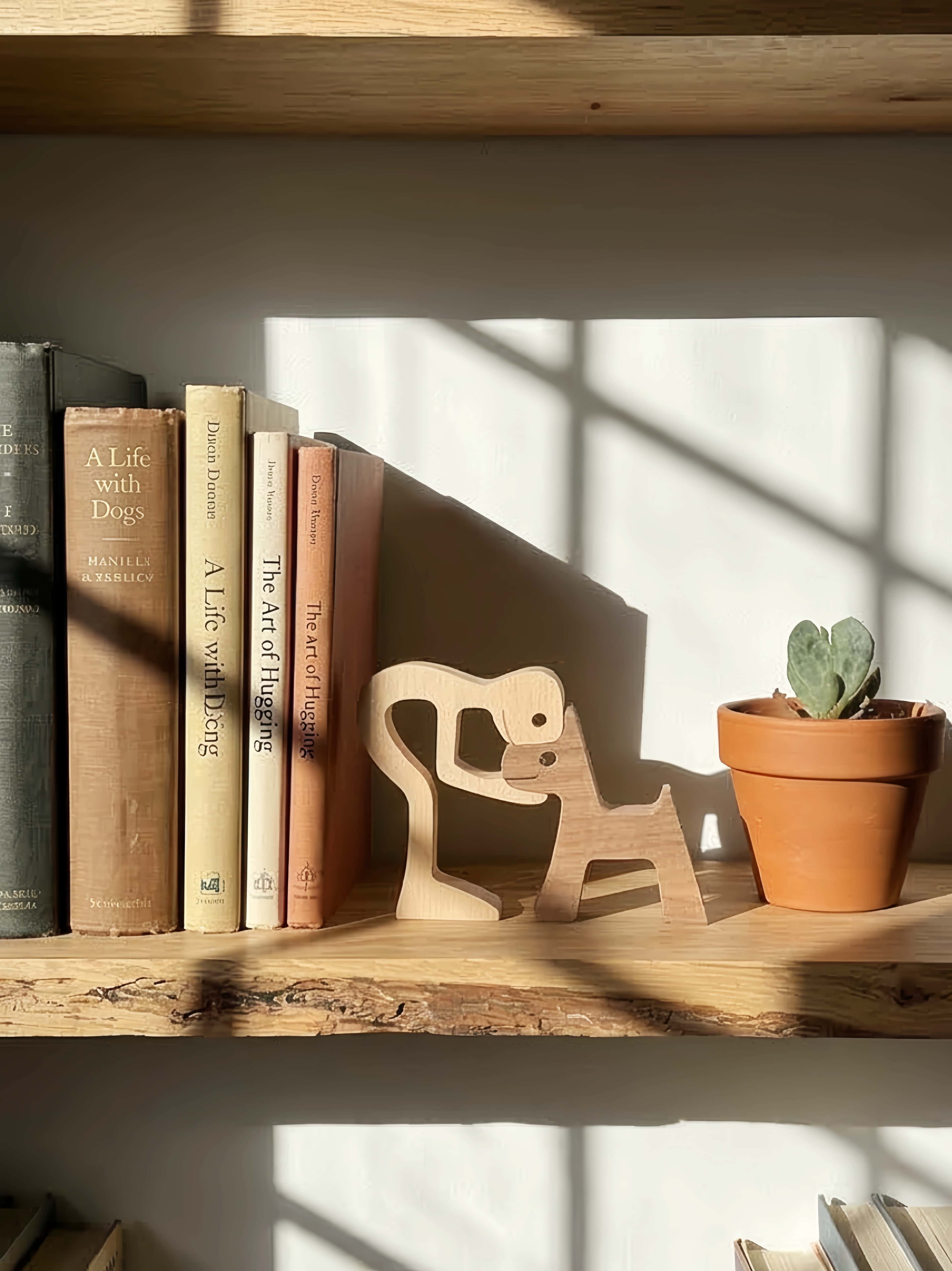 Wooden shelf with books, a small sculpture, and a potted plant in soft light