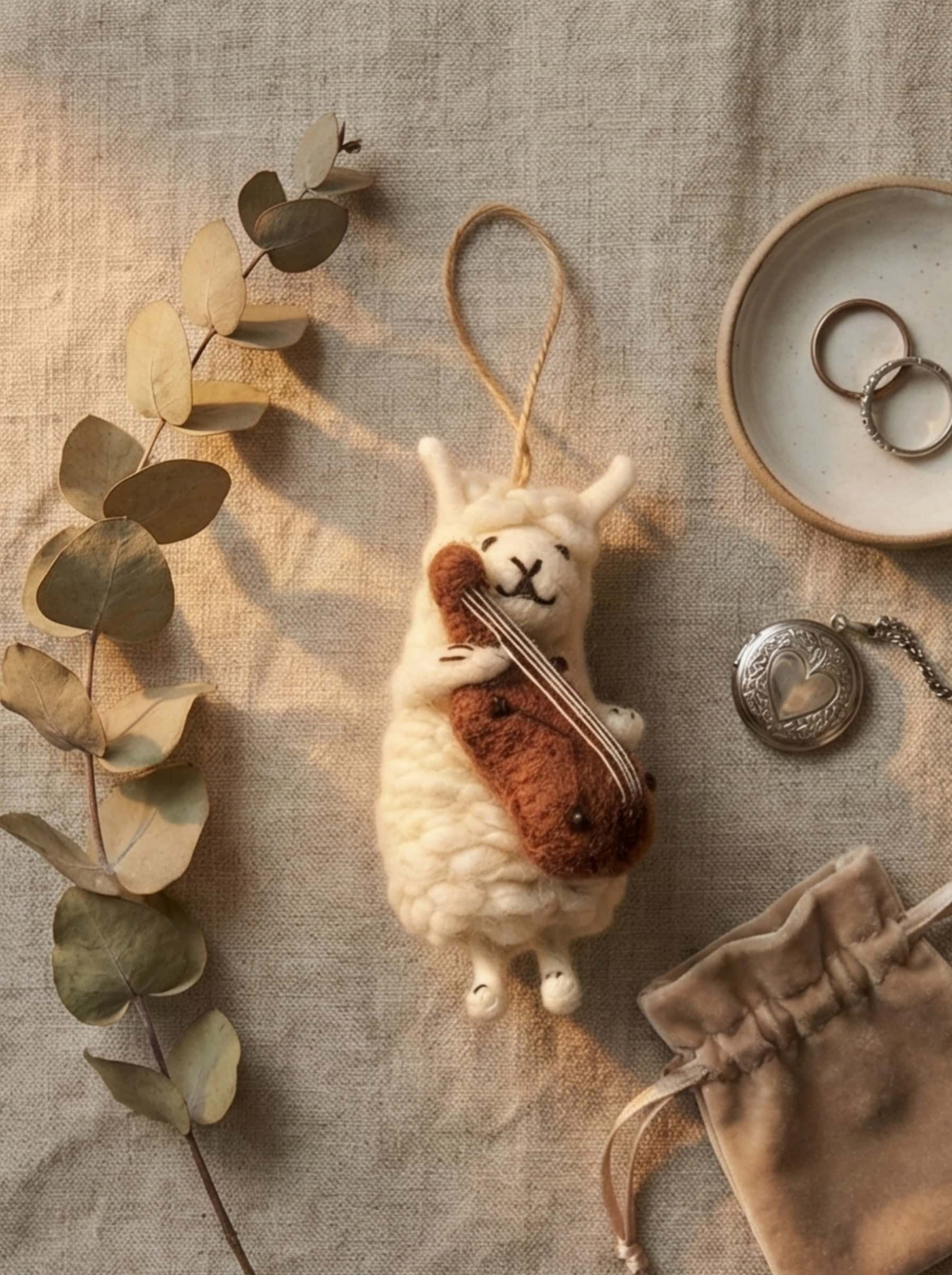 Artisanal Wool Felt Sheep Hugging Violin Charm