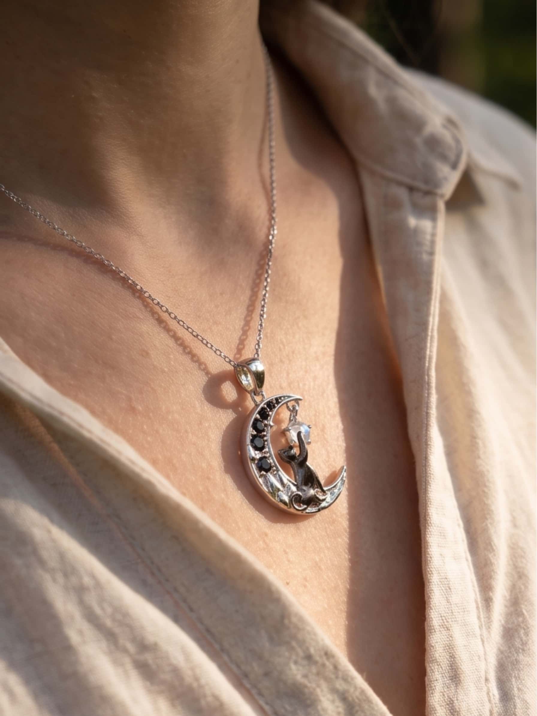 Moonstone Cat Necklace | Celestial Silver Pendant | Venture Craft