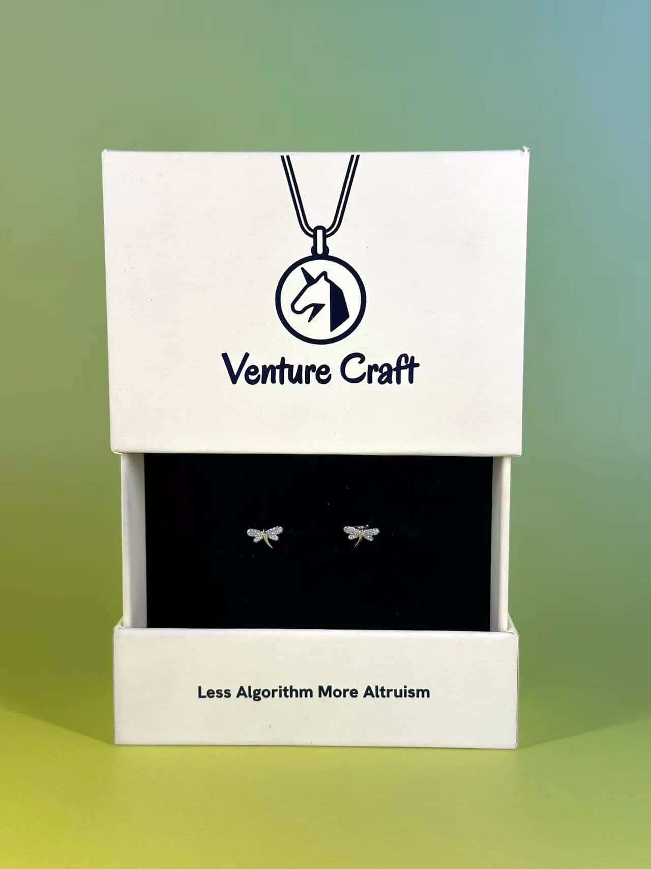 Venture Craft branded gift box displaying the luxurious sterling silver dragonfly earrings.