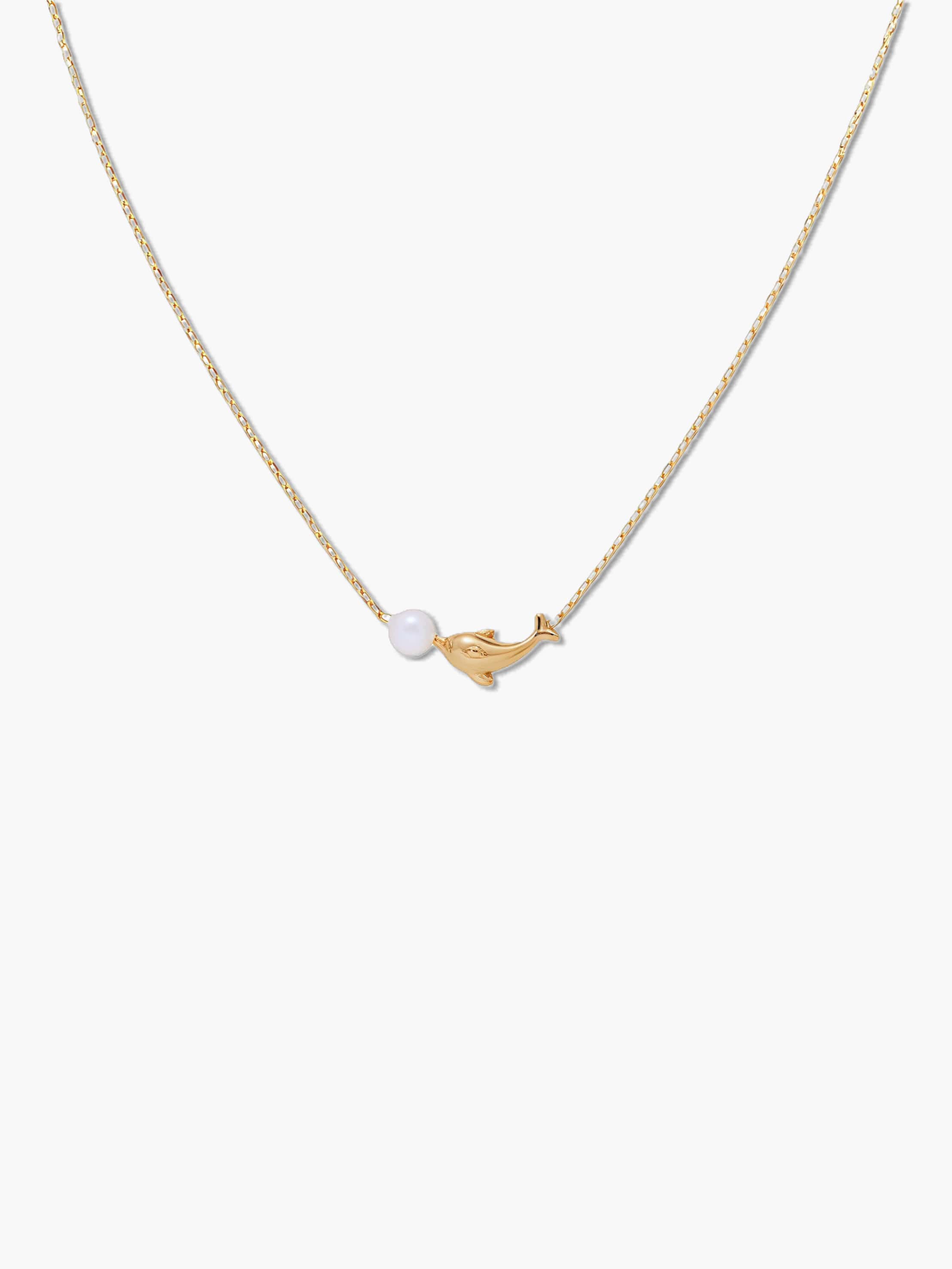 gold dolphin pendant necklace on a white background