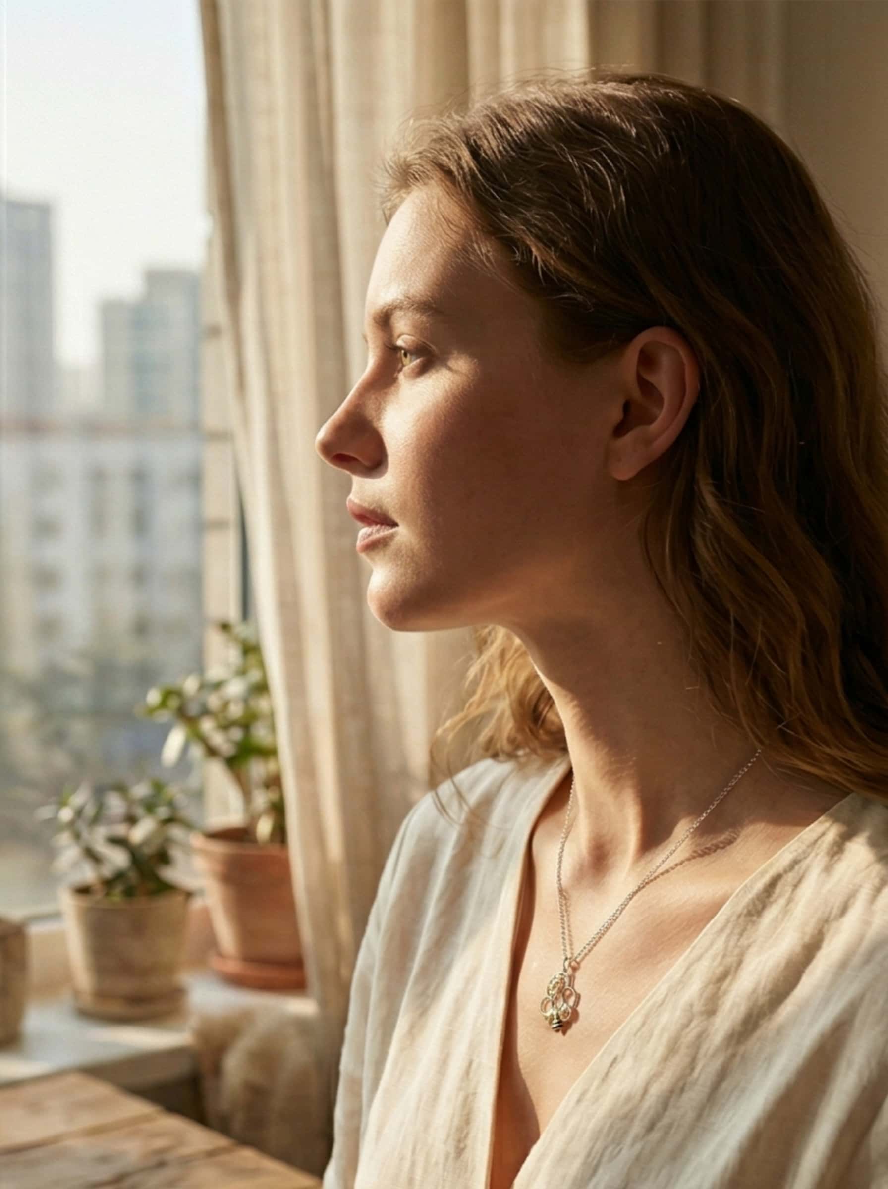 Side profile of a woman wearing the elegant honey bee necklace looking towards a bright window, showcasing the delicate chain